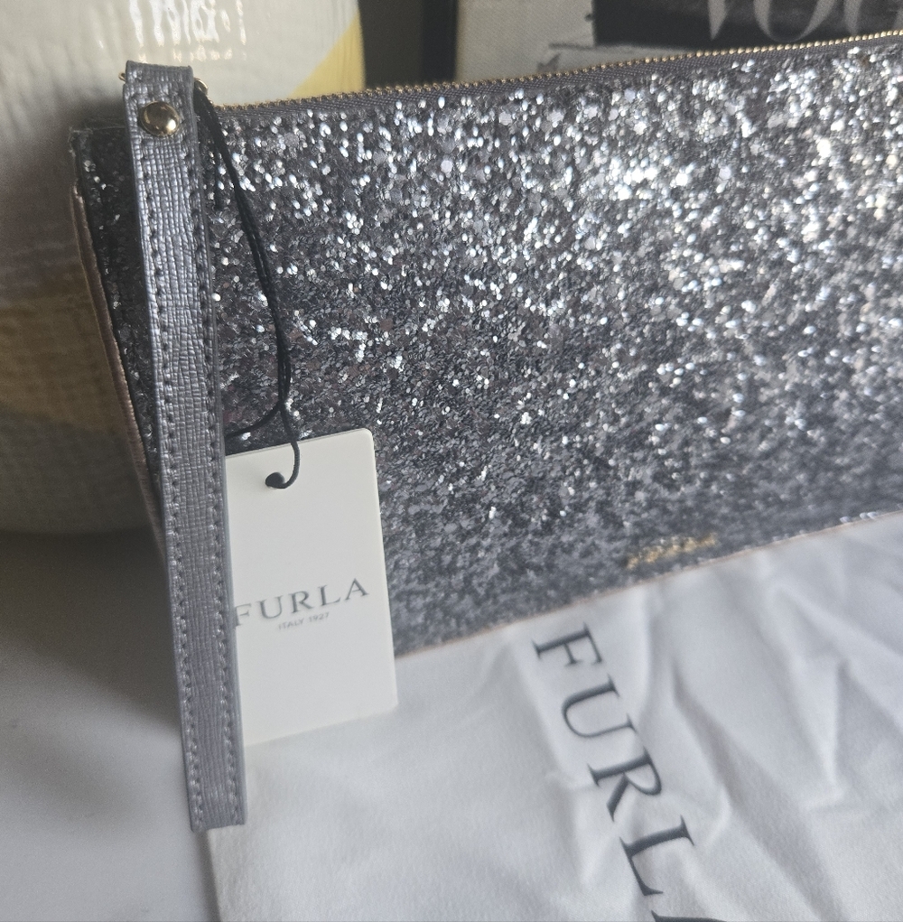 Furla Silver Rose Gold Glitter Wristlet Clutch Bag With Tags And Dustbag - Picture 12 of 12